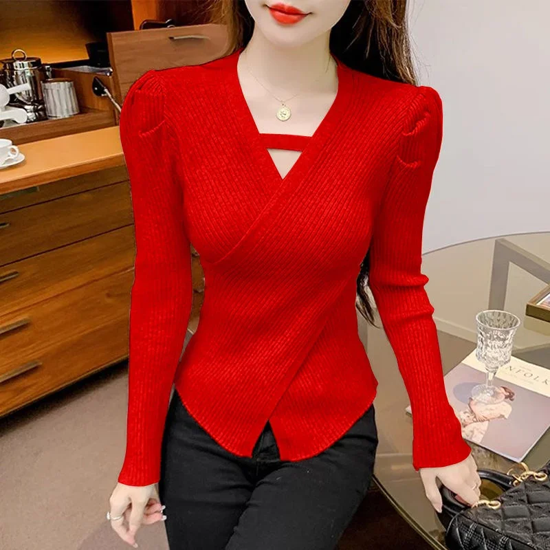 

Early Spring New V-neck Pullover Knit Base Layers Fashion Young Style Design Sexy Solid Slim Versatile Long Sleeved Tops V500