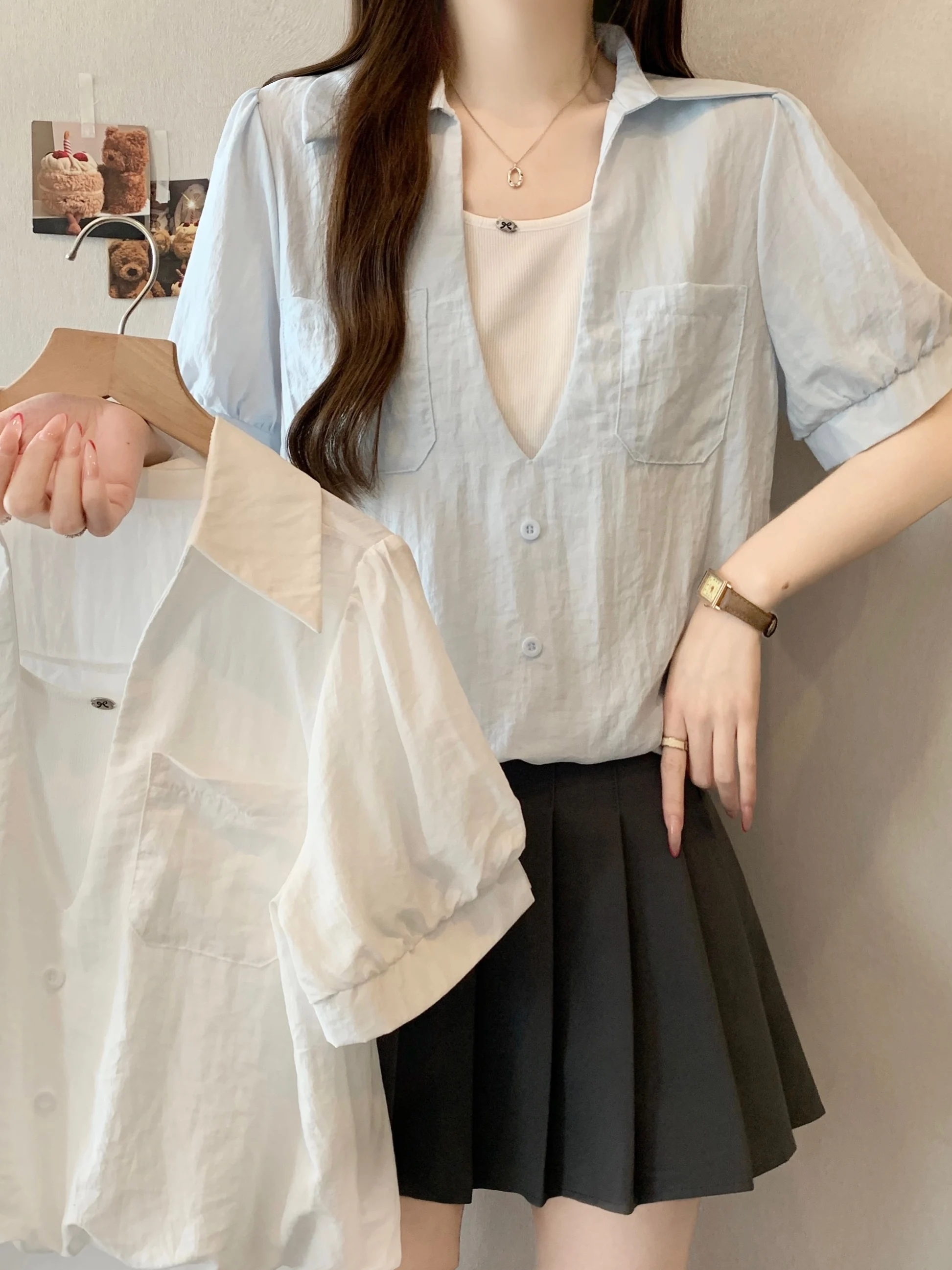 

plus Size Korean Style Shirt Short Sleeve Turn-down Collar Women's Summer Fashion Slimming Asymmetrical Top Trendy