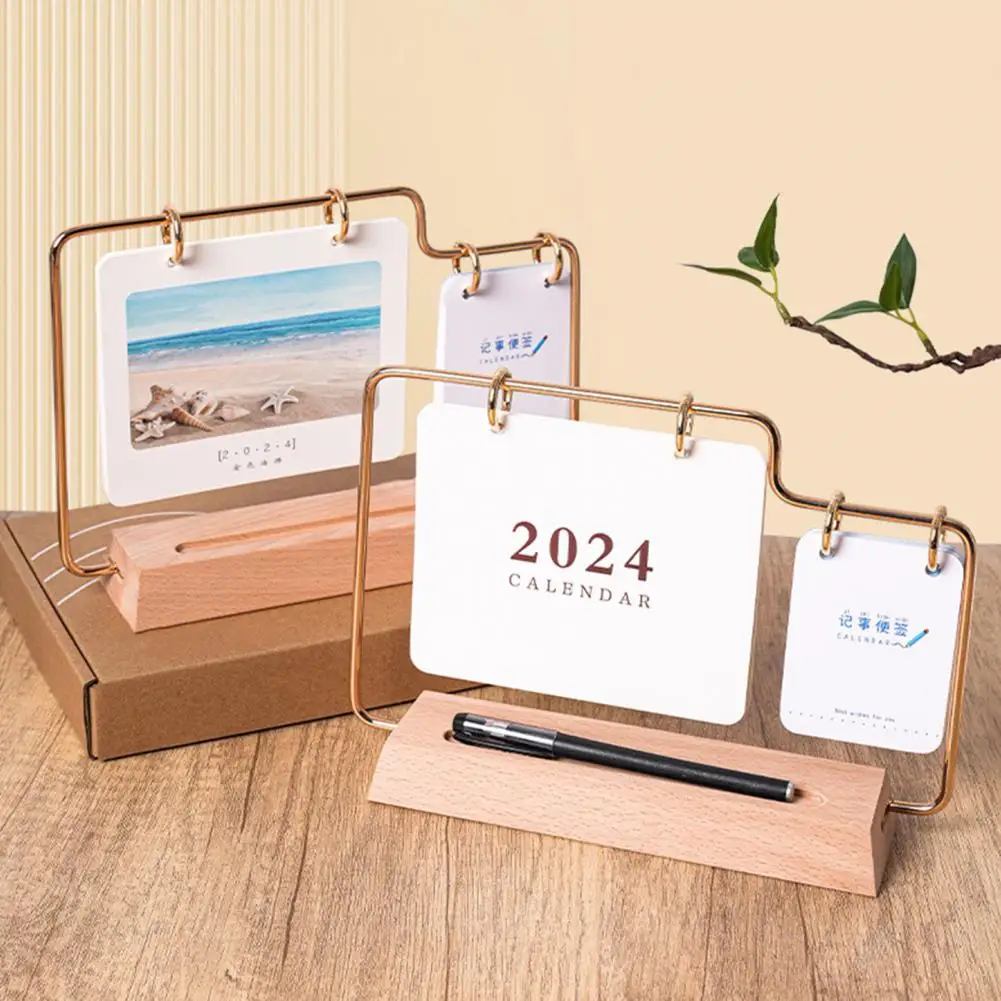 Thickened Desk Calendar with Pen Slot Desk Calendar with Solid Wood Base 2024 Solid Wood Desk Calendar with Metal for Home