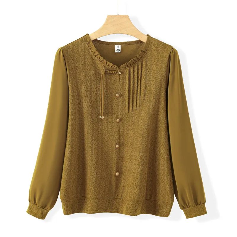 Women Ruffle Neck Long Sleeve T Shirt Elegant Loose Top For Middle Aged Mothers Spring Autumn