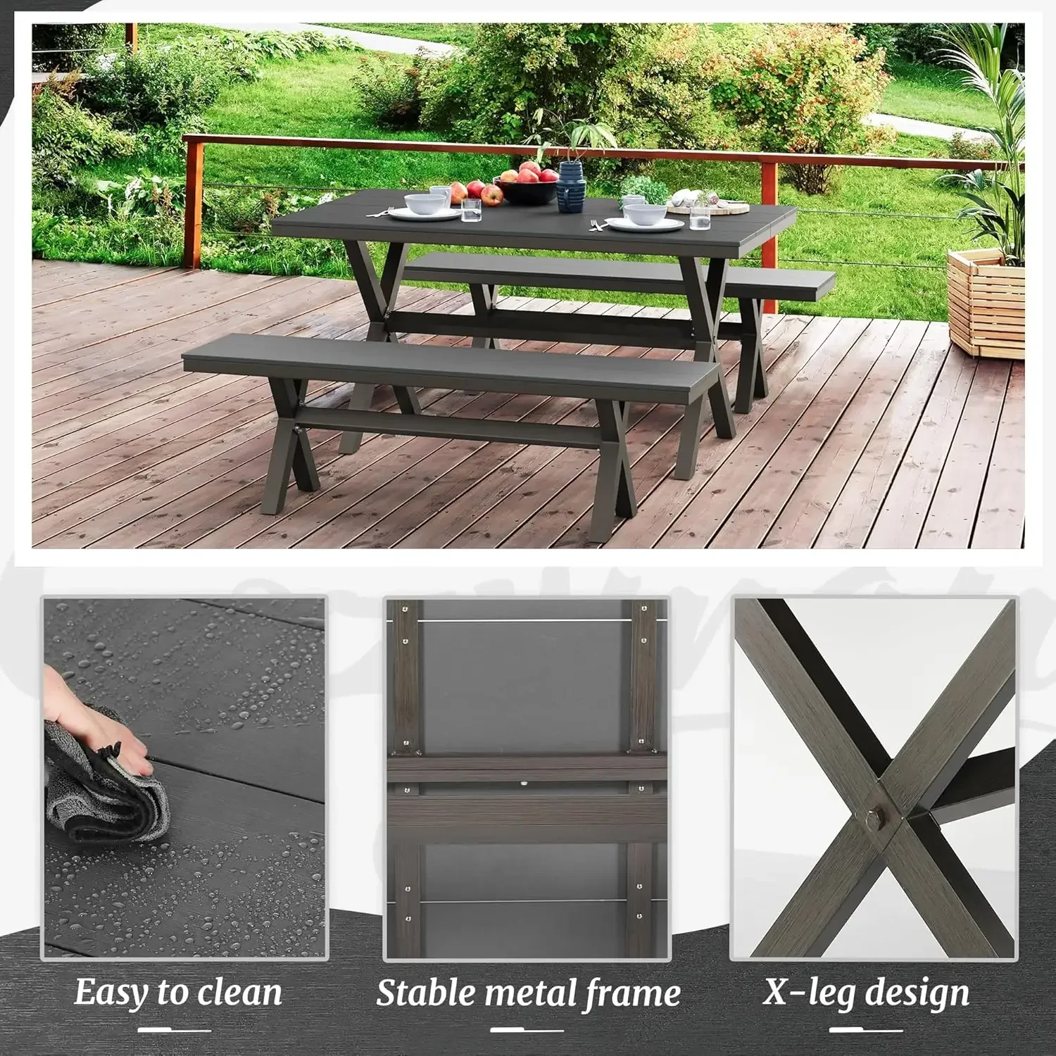 3 Pieces Patio Table Set, HDPS and Aluminum Material, Outdoor Dining Table Set with 2 Benches, Weather Resistanty