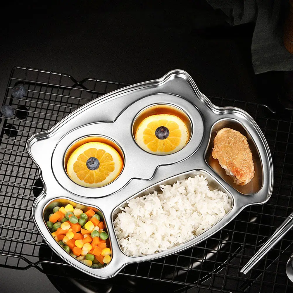 

2Pcs Owl Stainless Steel Divided Food Plates Toddlers Kids Dinner Tray Portion Control Snack Serving Plates for Home Diet