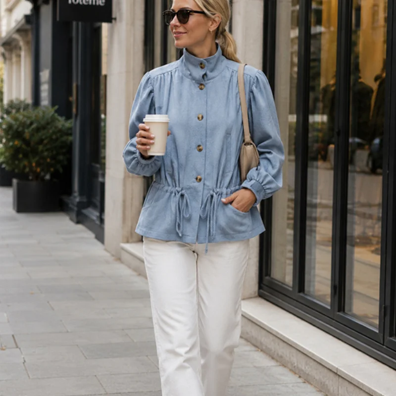 Light Blue Short Jacket  Women Stand Collar Lantern Puff Sleeve Metal Buttons Elastic Drawstring Waist Daily Office Outerwear