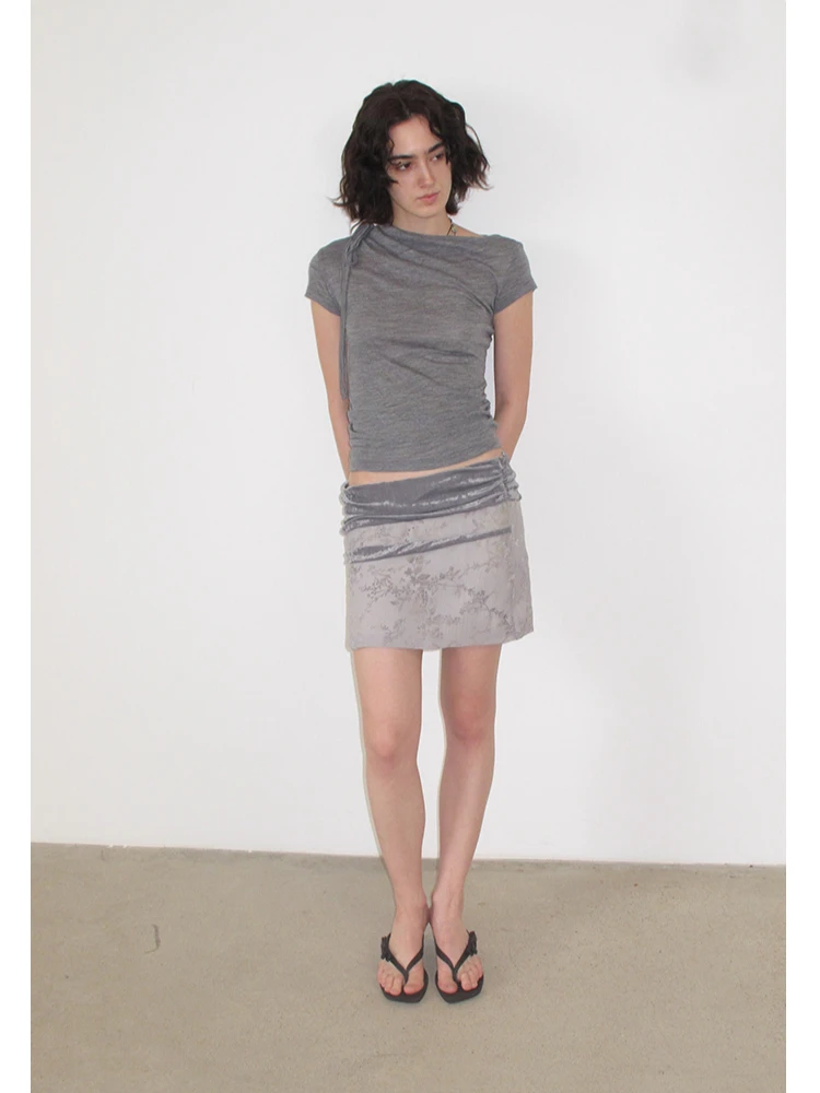 CHEERART Grey Solid T Shirts Woman 2025 Summer Slash Neck Short Sleeve Crop Top Designer Tees Fashion Clothes