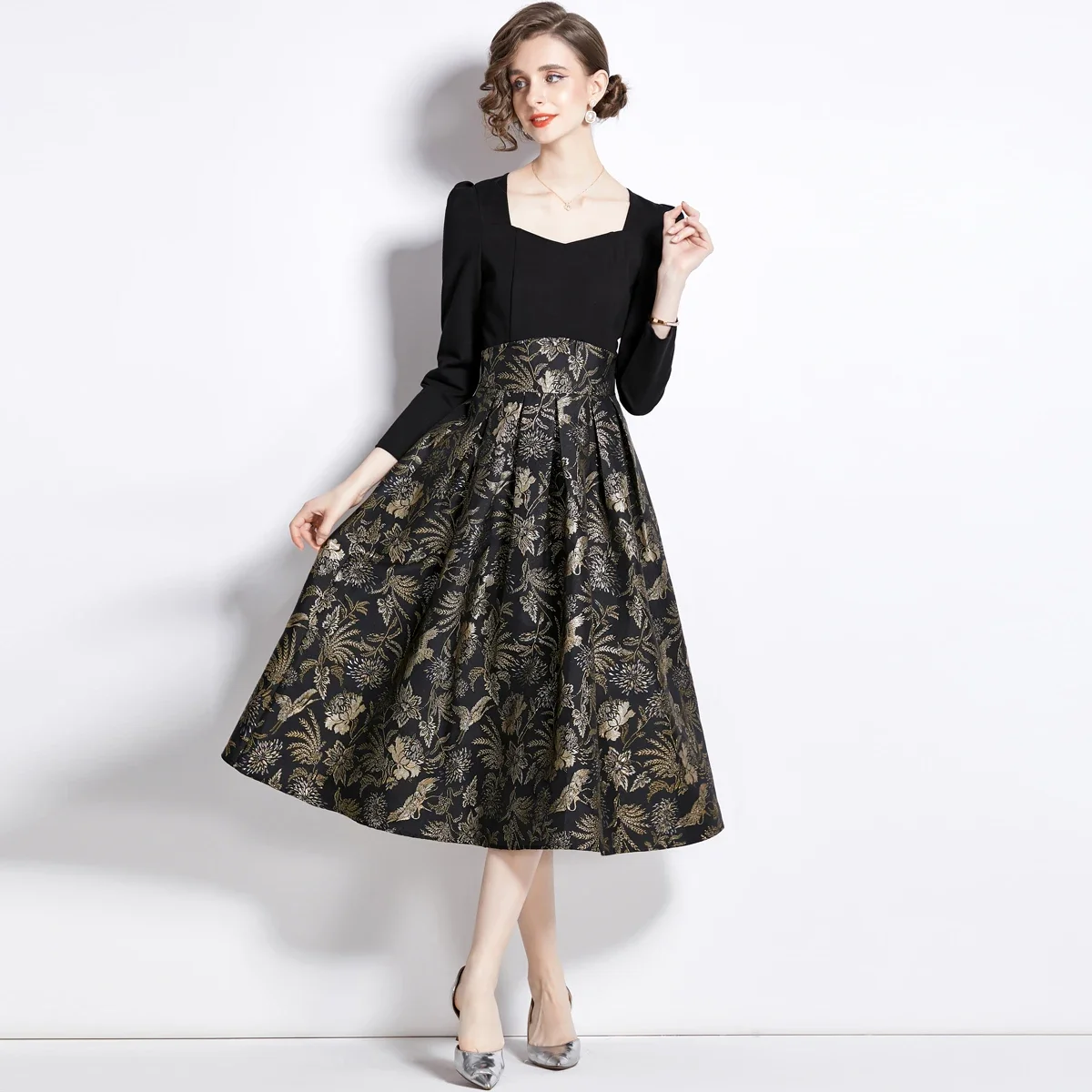 Autumn and Winter High-quality Black Jacquard Mid-length Skirt Temperament Dress New