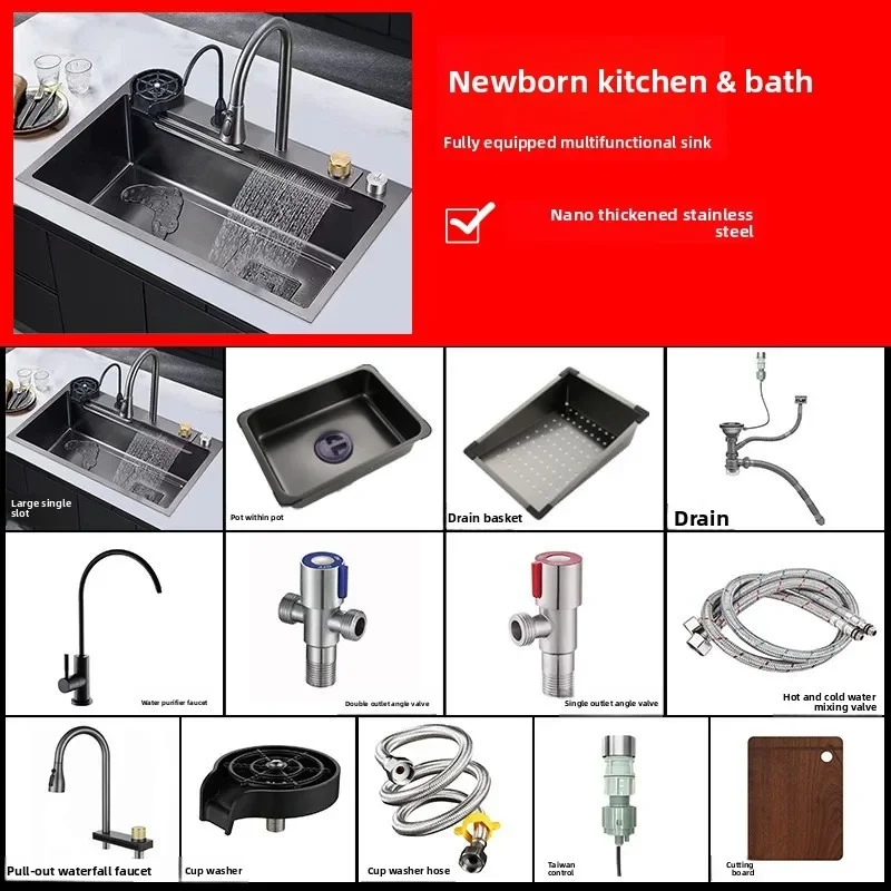 Stainless Steel Kitchen Sink Large Single Bowl Complete Set Thickened Juicer Sunken Waterfall Tap Stainless Steel Sink