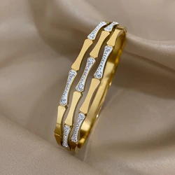 Greatera Inlaid Rhinestone Bamboo Stainless Steel Bangles Bracelets for Women Gold Plated Charm Bracelet Waterproof Jewelry