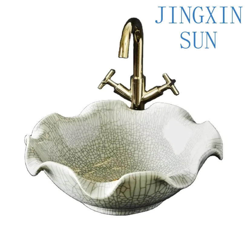 Counter top green crack glaze irregular lotus shaped wash basin high quality product