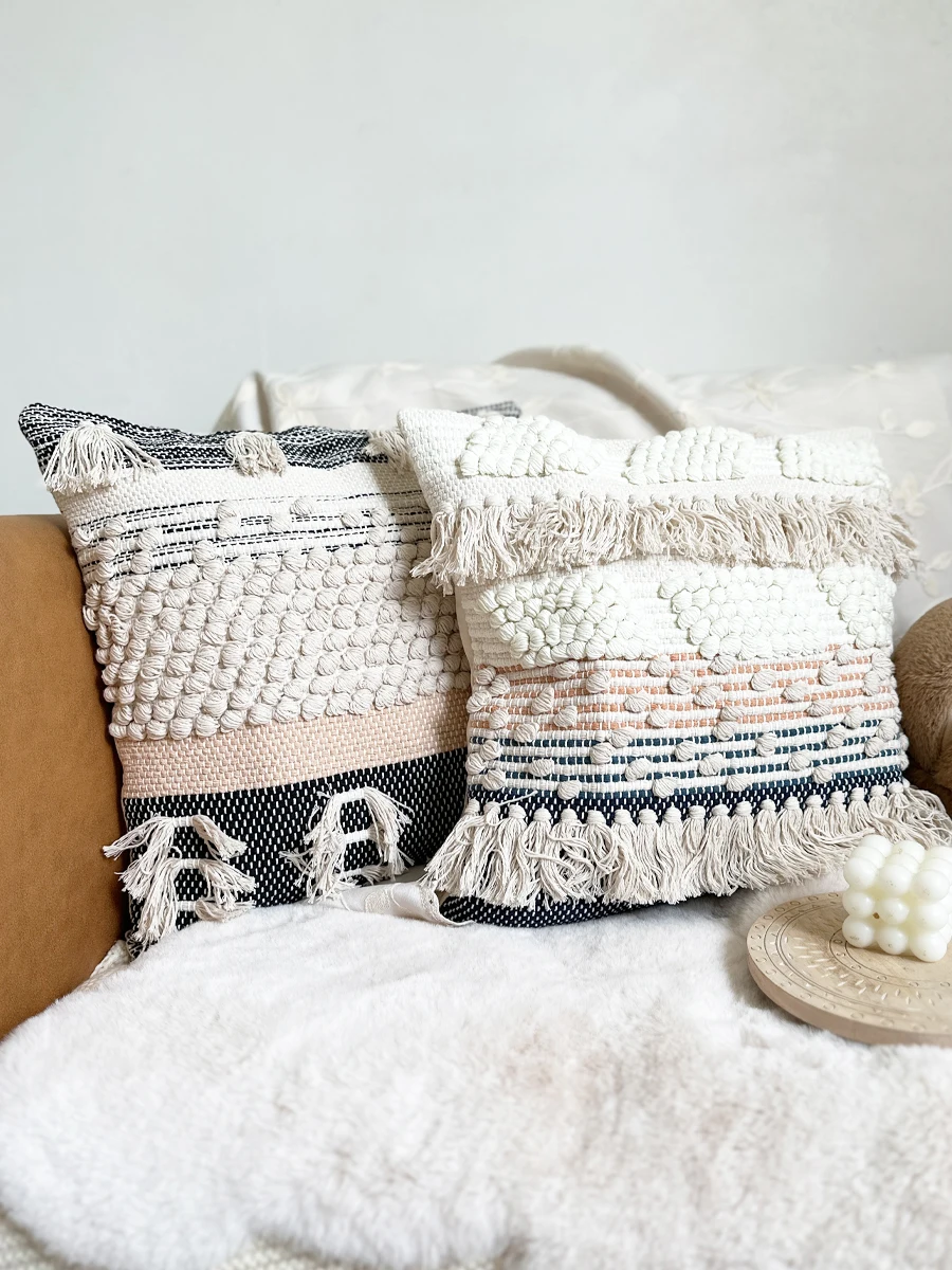 

Handwoven Pure Cotton Pillowcase Tassel Bohemian Living Room Sofa Cushion B&B Photography Props Cream Color Nordic Style