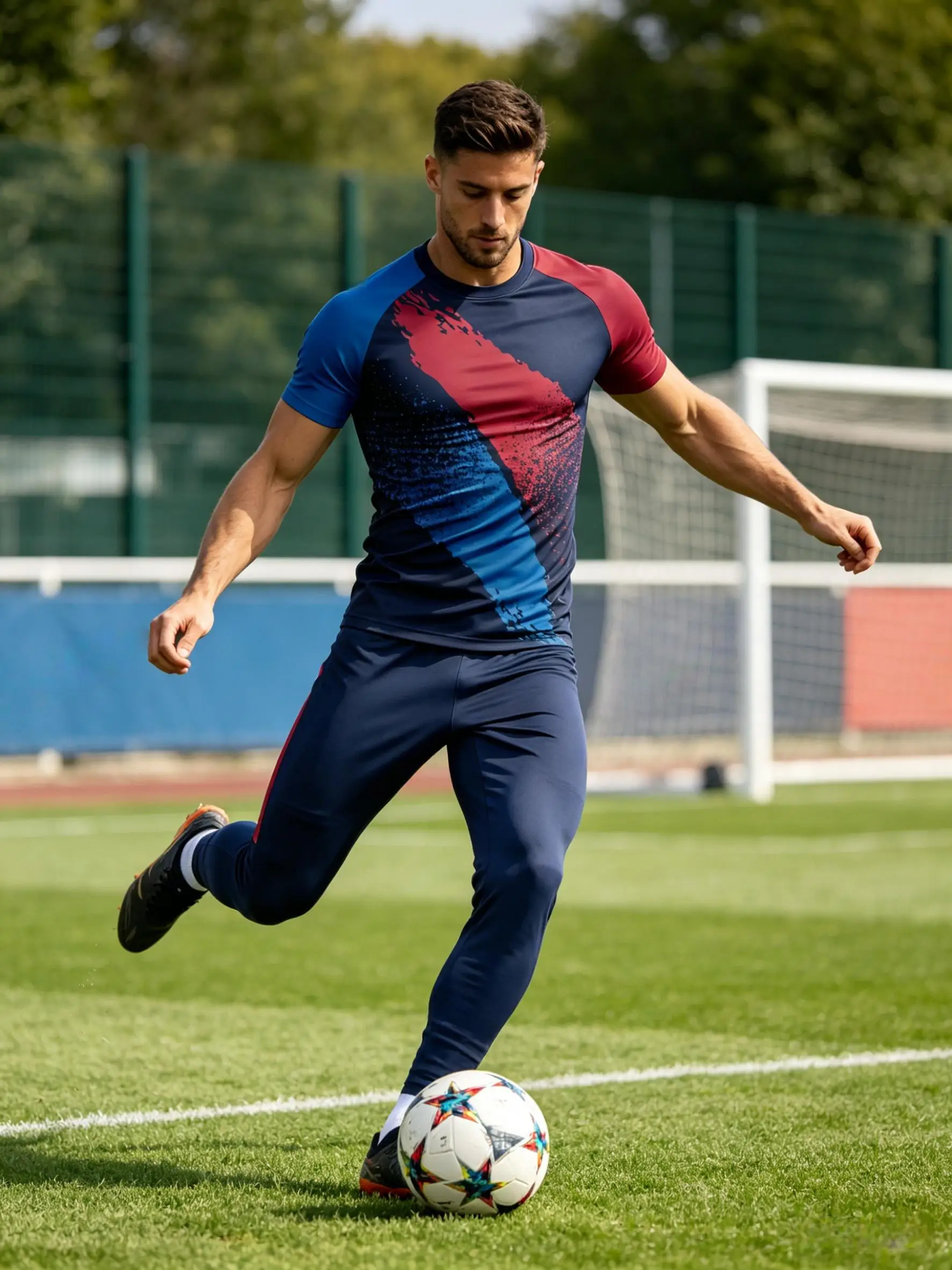 T-shirt de sport pour homme à manches courtes, séchage rapide, haute élasticité, imprimé couleur rouge et bleu, respirant, coupe ajustée, haut d'entraînement