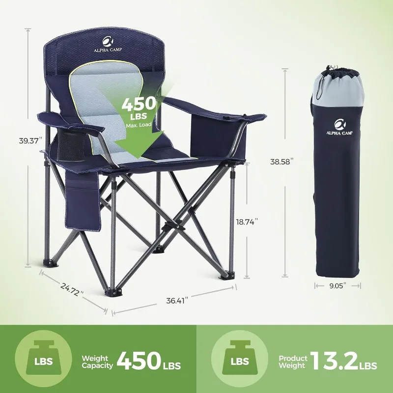 LET'S CAMP Oversized Folding Camping Chair Portable Outdoor Heavy Duty Padded Chairs lawn chair with Cup Holder, Storage Pocket