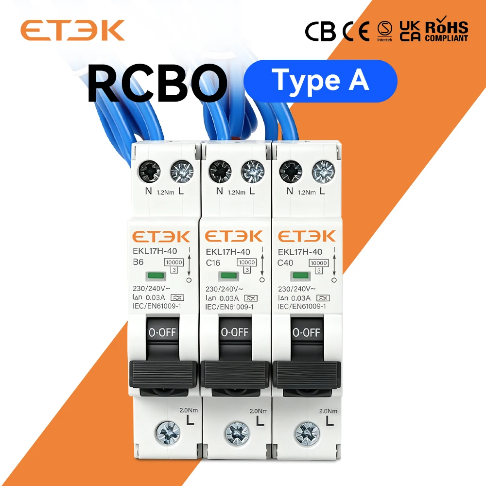 ETEK Residual Automatic Circuit Breaker  10KA 1P+N Curve B/C With Over Current Leakage Protection 30mA Type A EKL17-40H