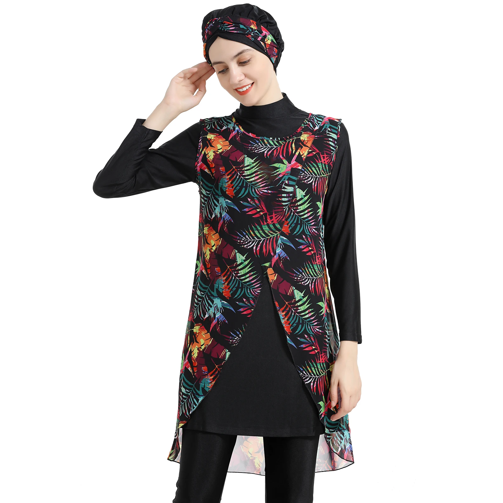 M-4XLNew Burkini Femmes Muslim Swimwear 4pcs Long Sleeve Leave Printed Gauze Beach Wear Sunscreen Diving Suit with Hijab