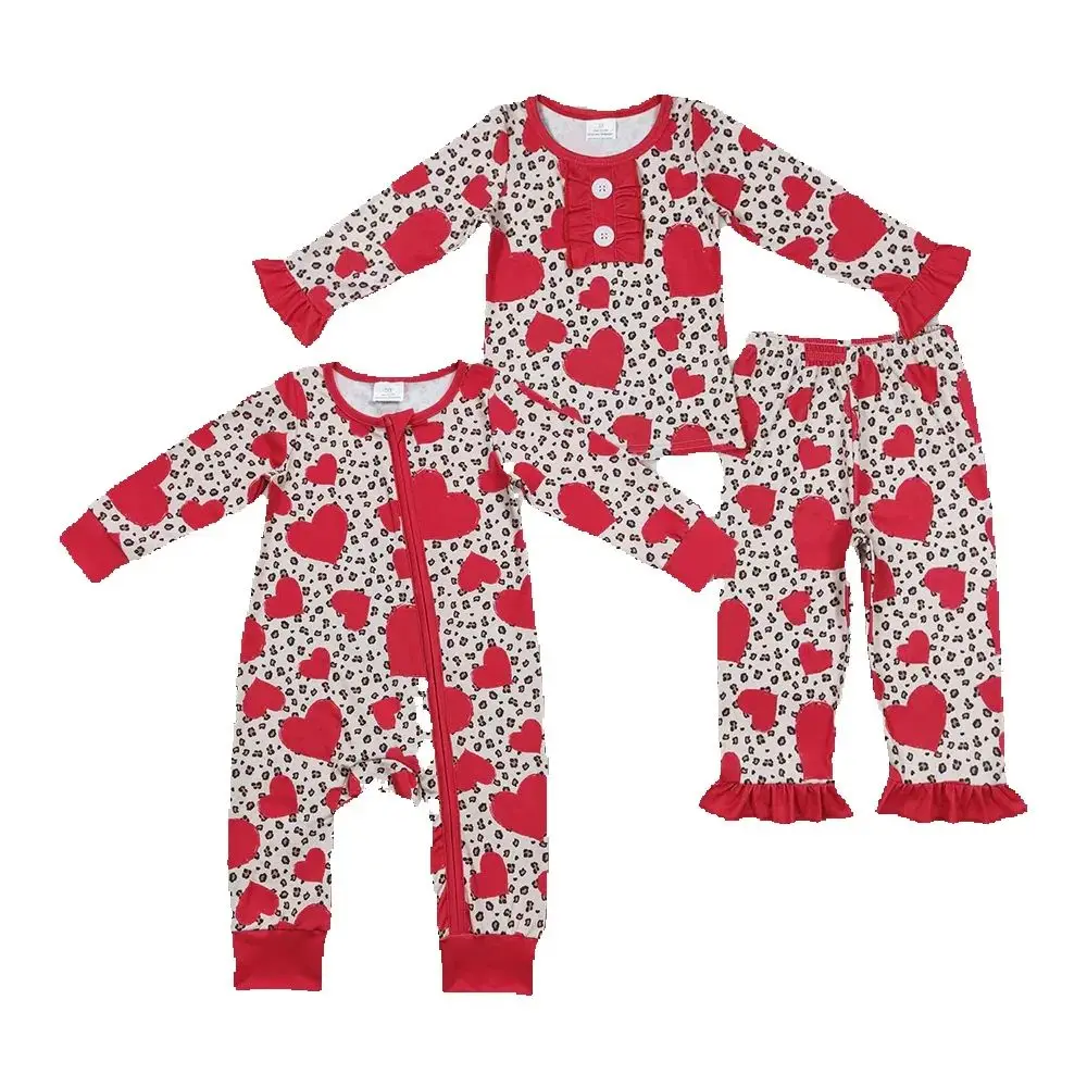 

Baby Girls Valentines Hearts Leopard Sibling Romper Pajamas Sets