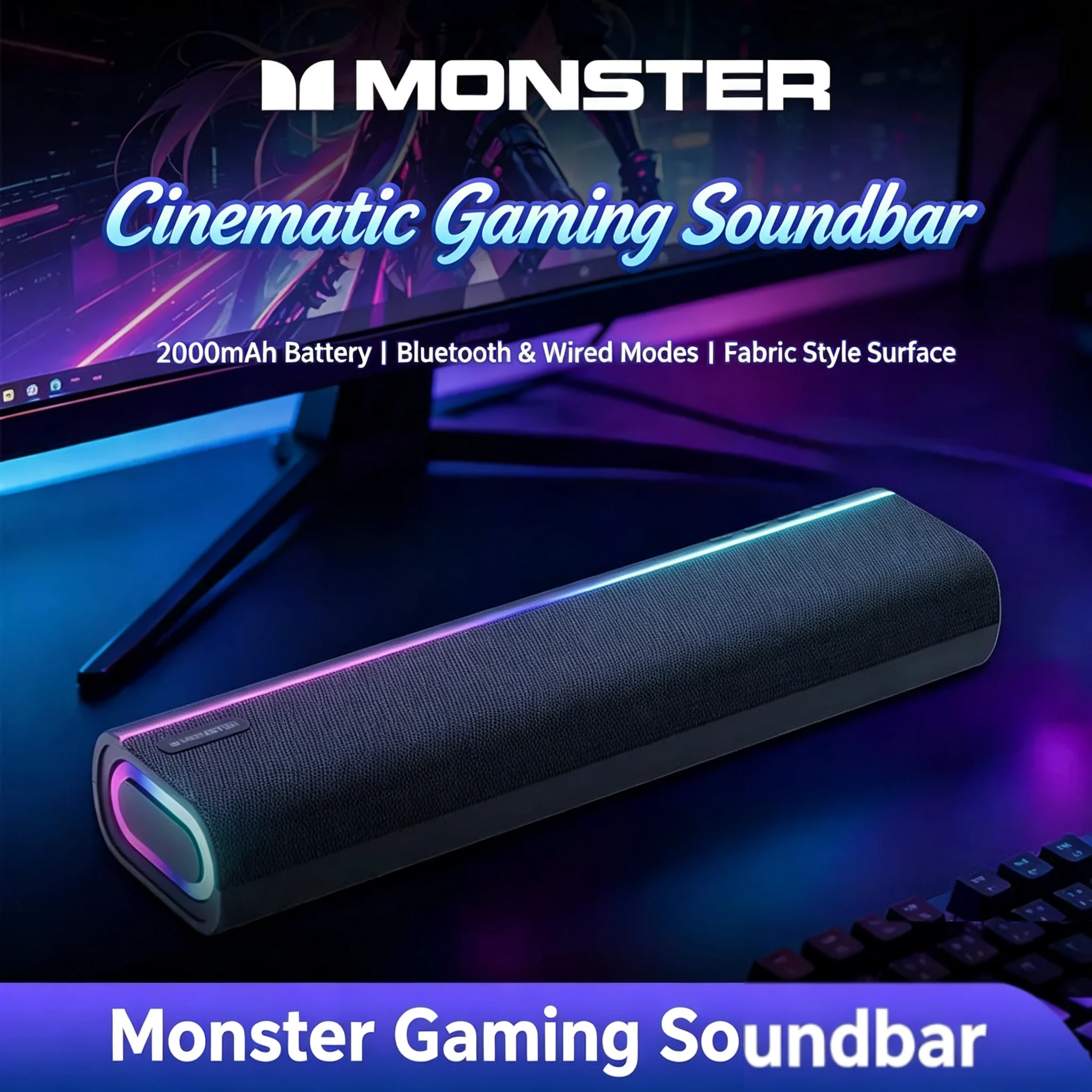 Monster YS02 Gaming Bluetooth 5.4 Speakers for PC Desktop Soundbar with Deep Bass RGB 2000mAh USB Computer Audio