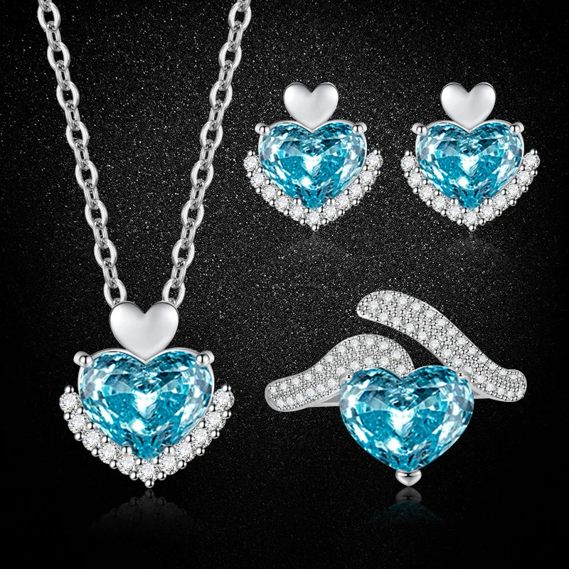 

S925 Sterling Silver Ocean‑Blue Heart‑Shaped Rose Cut Zircon 3‑Piece Set, Ring Pendant Earrings Necklace