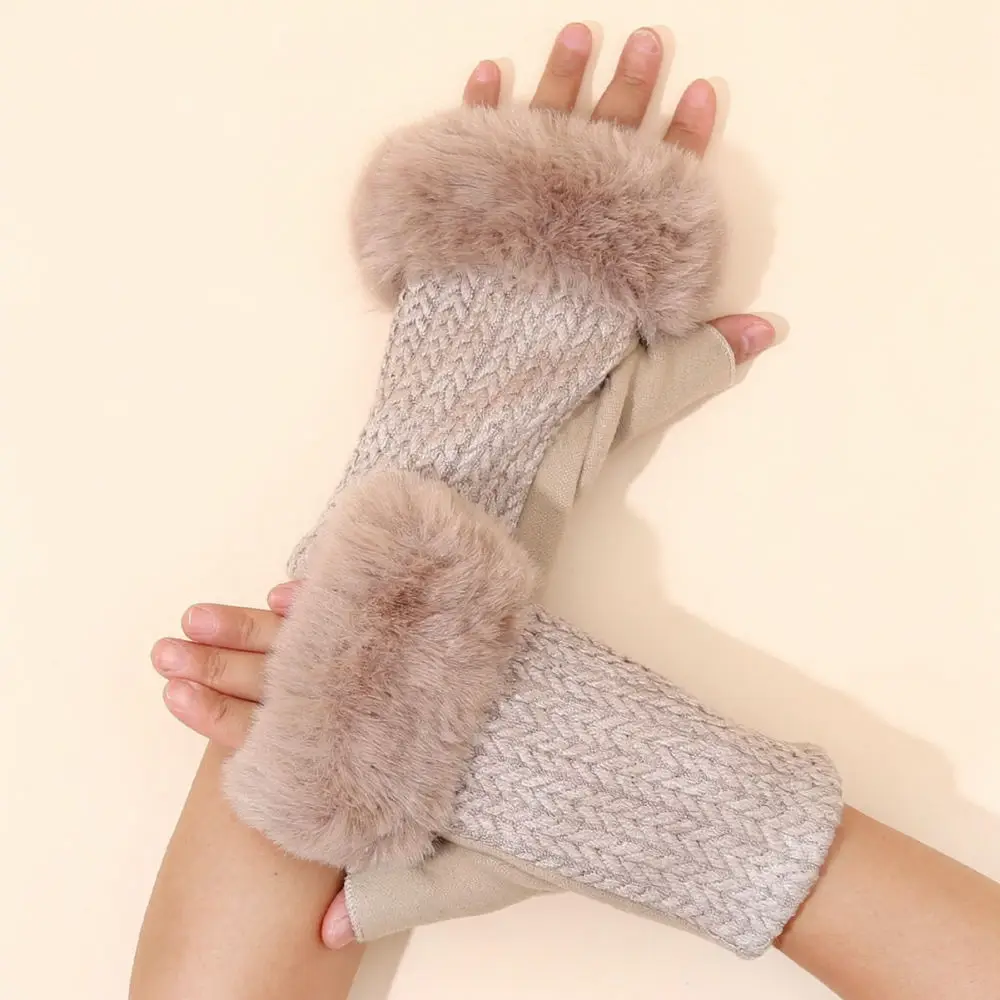 Womens Winter Thermal Half Finger Mittens Knitted Cable Texture Fingerless Gloves Plush Lined Soft Cozy Hand Warmers