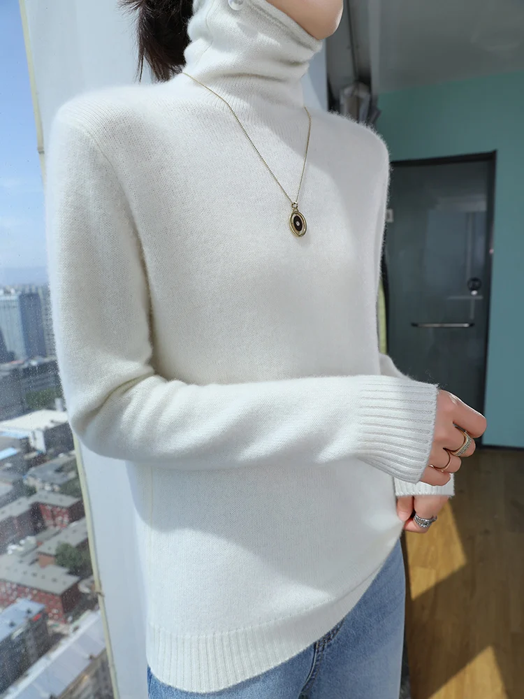 

Women Wool Sweater Autumn Winter Pile Collar Long Sleeve Pullover 100% Merino Wool Knitwear High Quality Soft Warm Cashmere Tops