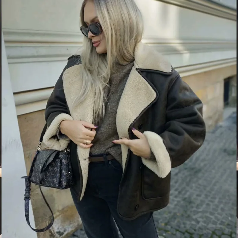 Herfst Dames Bruin + Zwart Vintage Effen Bont Geïntegreerde Korte Jas Dames Knoppen Lange Mouw Chique Dikke Jas Straat