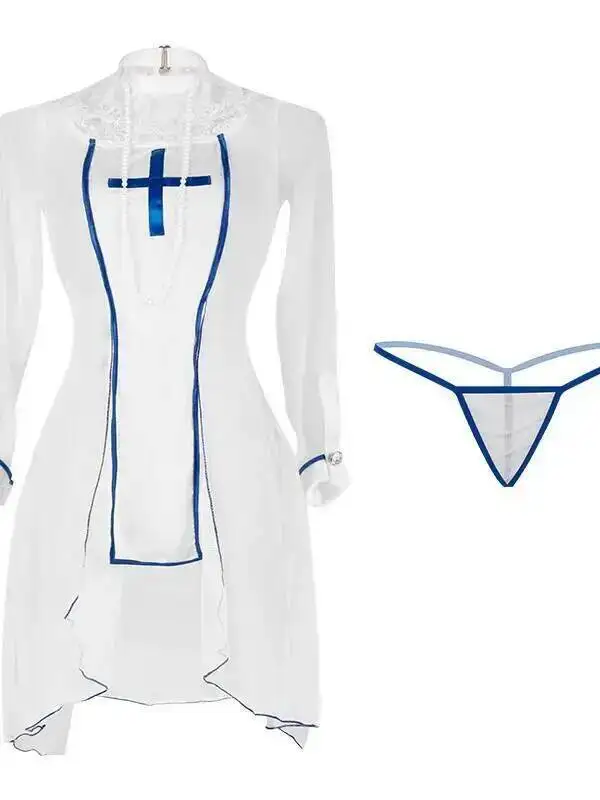 Sexy Female Lace Perspective Soft Gauze Cosplay Slit Court Nun Uniform Dress Elegant White Mesh Lace Sheer Hot Sexy Women NH5W