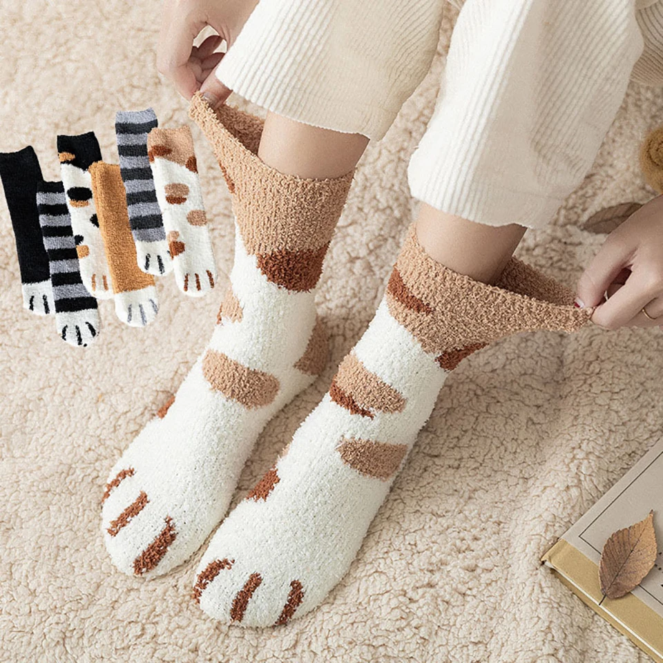 6 Pairs Women Warm Fluffy Socks Cute Animal Claw Cat Paw Footprint Fuzzy Socks Female Thick Coral Fleece Home Floor Sleep Socks