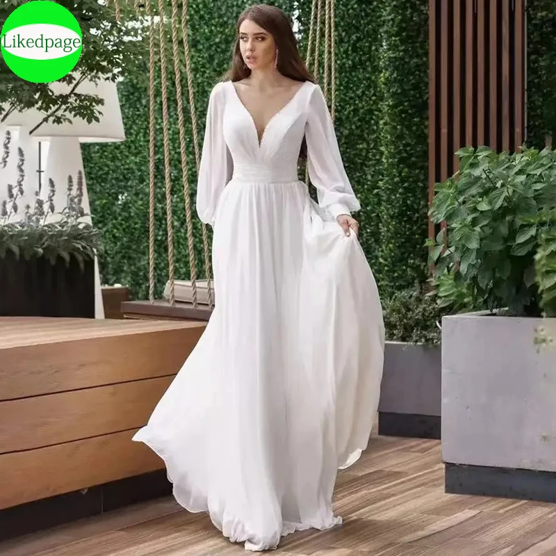 

Custom MadeSImple V-Neck Wedding Dress Long Puff Sleeves Backless A-Line Chiffon Bridal Gown Pleat Vestido De Novia