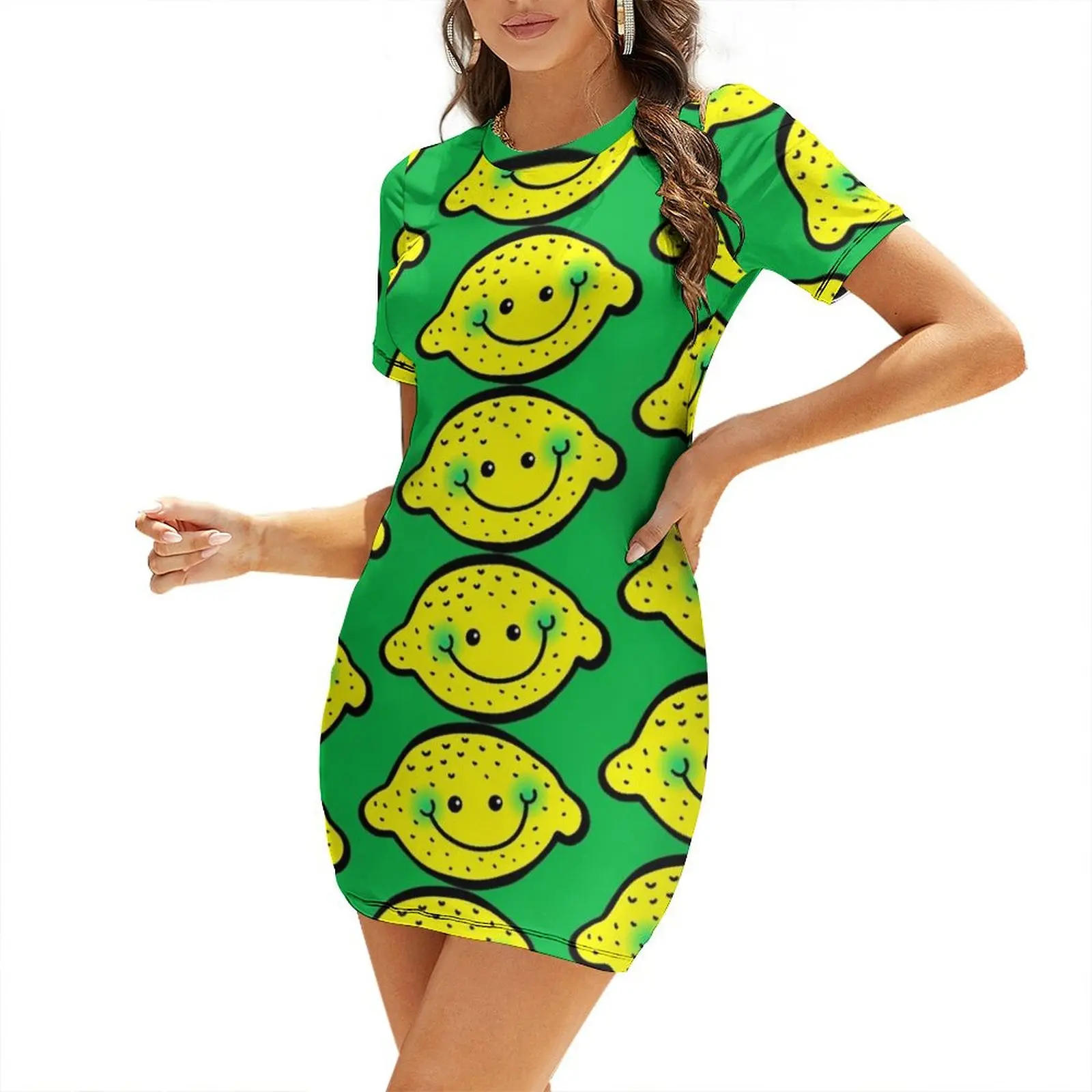 

Happy Citrus Lemon Cartoon Doodle Short Sleeved Dress Woman fashion Beachwear Clothing female