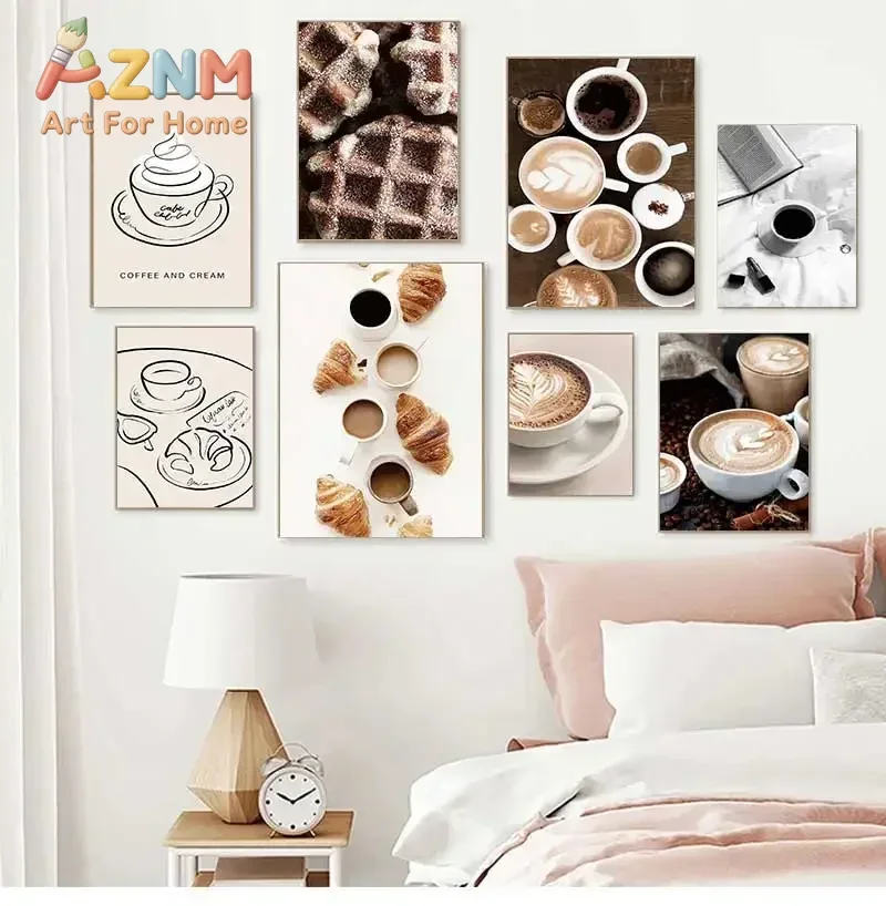 Vintage Latte Coffee Croissant Lines Cookie Posters And Prints Canvas Painting Wall Art Pictures For Living Room Home Shop De