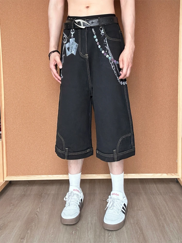 

Джинсовые брюки с американским принтом в стиле ретро, свободные широкие брюки на семь футов, винтажные повседневные летние джинсы