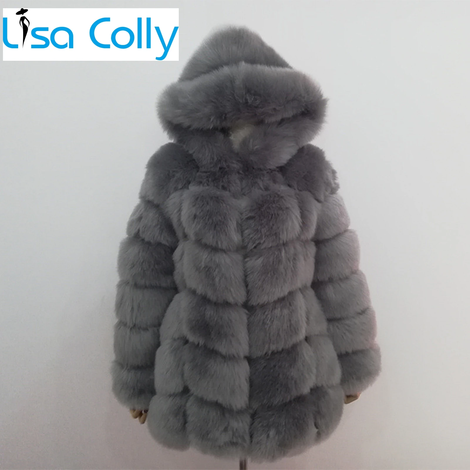 Women\'s Winter Artifical Fox Fur Coat Overcoat Long Sleeves Faux Fur Coat Jacket With Hooded