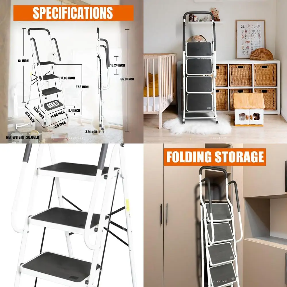 Escalera plegable portátil con pasamanos, peldaños antideslizantes, 37,8 de alto, capacidad de carga de 400 libras para uso en el hogar, la oficina y la garaje