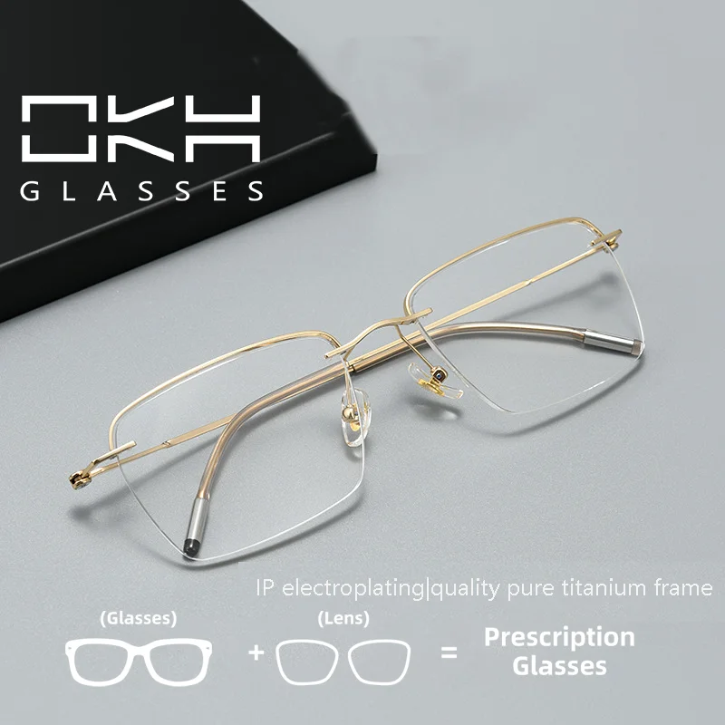 

OKH Ultra-Light Business Semi-Rimless Gold Wire Glasses Frame for Men Large Face Business Elite Myopia Eyeglasses
