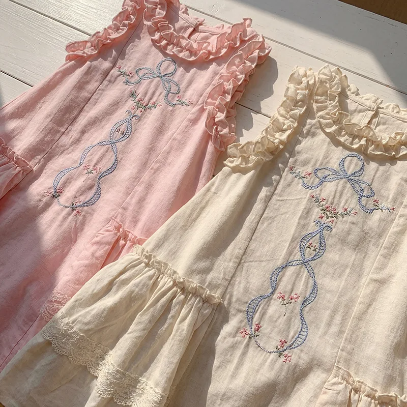 French Sweet Bow Embroidered Girls Dress 2026 Summer New Lotus Leaf Lace Vest Sweet Children Dress