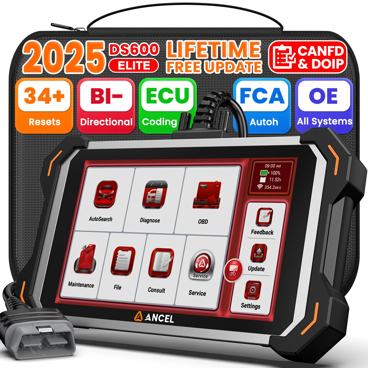 ANCEL DS600 Elite OBD2 Scanner Bi-Directional Control All System Code Reader ECU Coding CAN-FD FCA 34+Reset OBD2 Diagnostic Scan