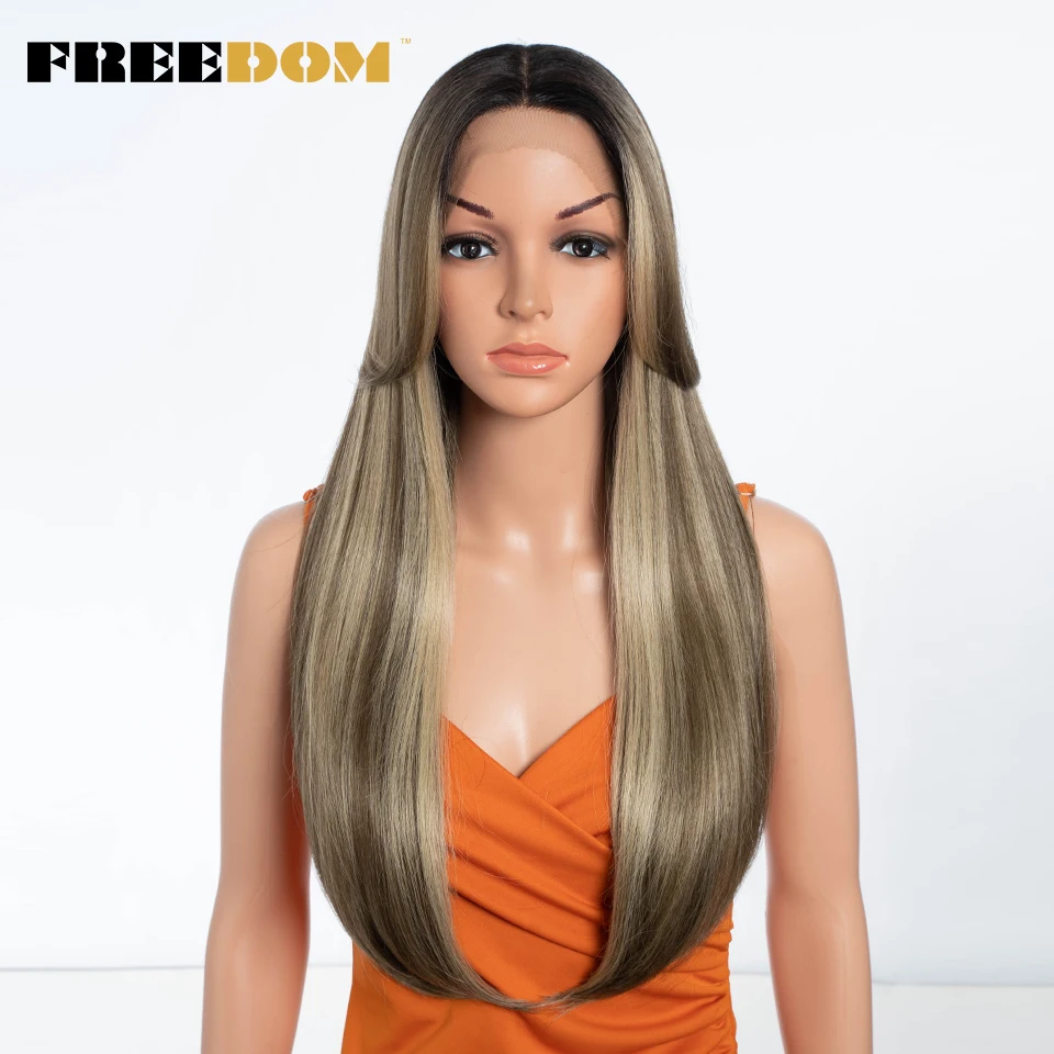 FREEDOM  Straight Synthetic Lace Front Wigs For Women Wig With Bangs 24 inches Ombre Brown Blonde Lace Wigs Cosplay Wig