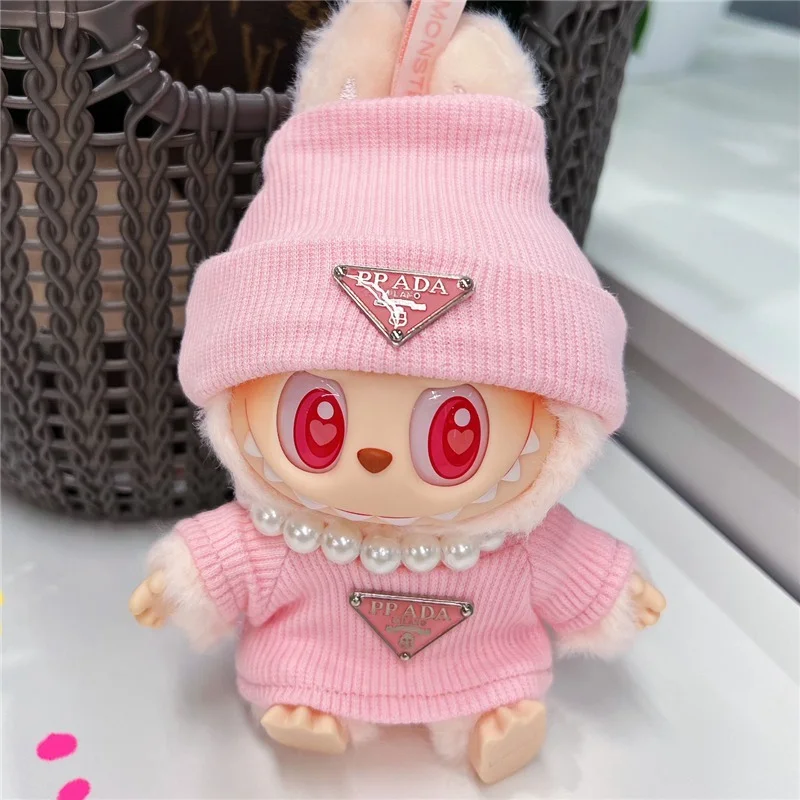 For Labubu15/ 17cm Doll Outfit Clothing Retro Inverted Triangel Sweater Clothes Necklace Headset Glasses Shoes Set Accessories