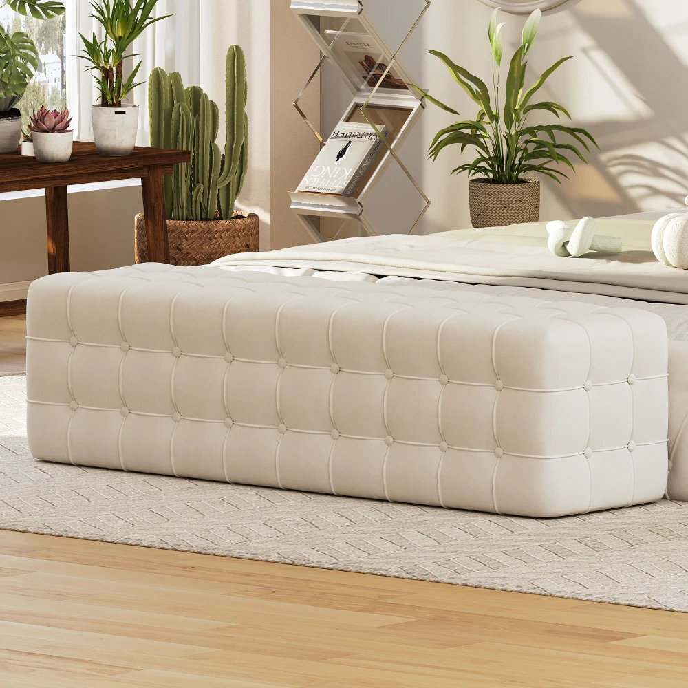 All Covered Velvet Upholstered Ottoman, Rectangular Footstool Bedroom Footstool No Assembly Required Elegant and Luxurious White