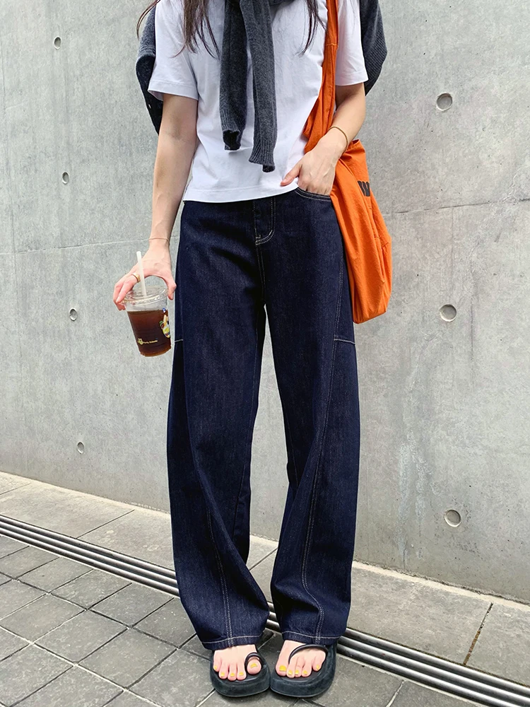 

Завушенные свободные джинсы-бананы с высокой талией, джинсовые шелковистые гладкие темно-синие длинные брюки для женщин, сезонная одежда весны 2024 г.