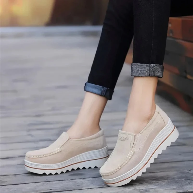 

Новинка весны и осени 2021, женские мокасины на плоской подошве, замшевая обувь из натуральной кожи, женские лоферы без шнуровки, женские мокасины на платформе