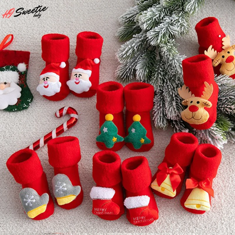 Calcetines de Navidad para niños, niñas y niños, calcetines gruesos de algodón con estampado para niños pequeños, calcetines cortos para recién nacidos