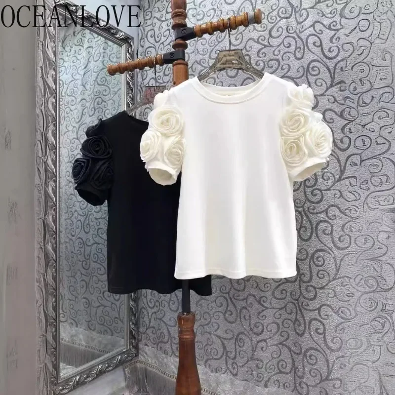 OCEANLOVE wiosna lato T Shirt damski 3D kwiaty Ins moda Vintage Ropa De Mujer eleganckie proste słodkie solidne koszulki