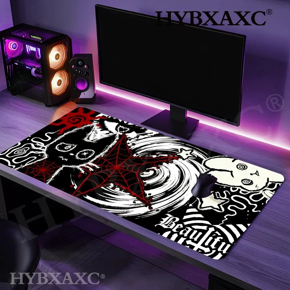 HYBXAXC Dark Punk Anime Mousepad XL Creepy Cat Gaming Mat Grunge Desk Pad for Gamers Neon Aesthetic MousePa