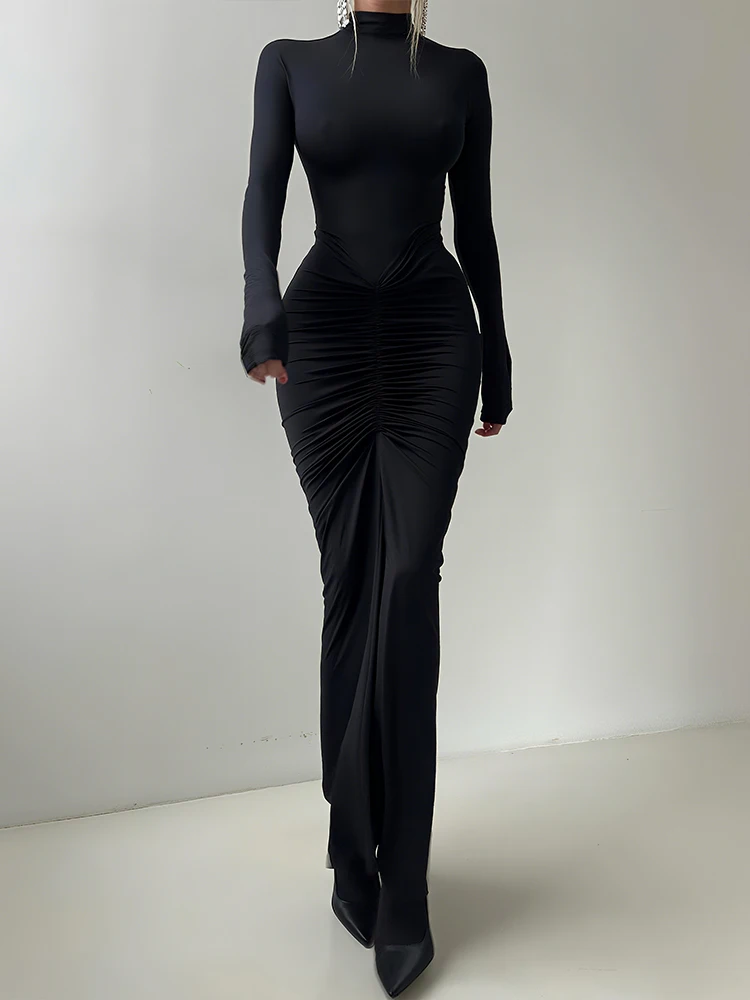 Sisterlinda Herbst Neue Stil Lange Kleid Frau Rollkragen Volle Hülse Dünne Hohe Stretch Täglich Casual Mode Elegante Vestidos – Detail 29