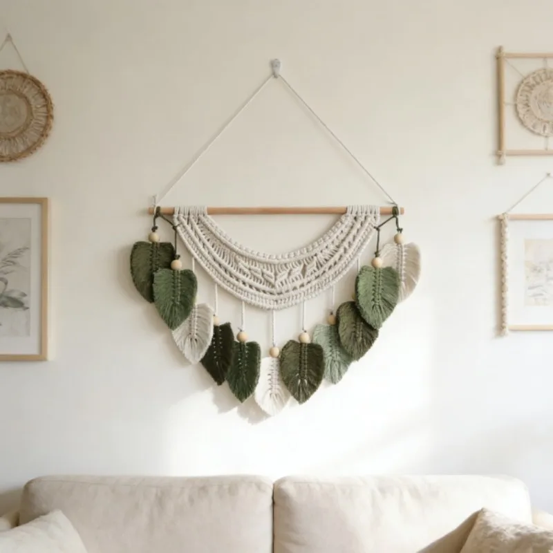 New Nordic Style Handwoven Tapestry with Leaf Fringe Elegant Sofa Background Wall Decor Minimalist Wall Hanging for Living Room