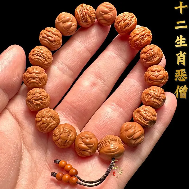 

Twelve Zodiac Evil Monk Monkey Bracelet Men's Hand Toy Stone Walnut Light Bead Carving Angry Buddha Olive Nut