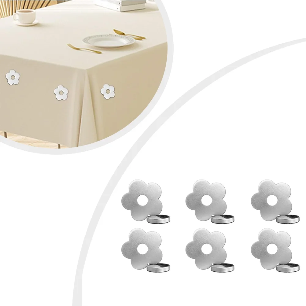 

6 pcs Magnetic Tablecloth Weights Metal Holders with Floral Design for Outdoor Use Table Cloth Stability Silver