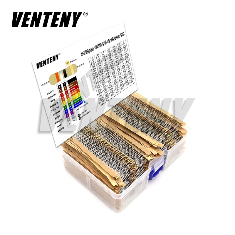 

3120pcs 1/4W Carbon Film Resistor Kit 5% Resistance Assortment Set 156valuesX20pcs 1R - 10M ohm 0.25W Sample Pack