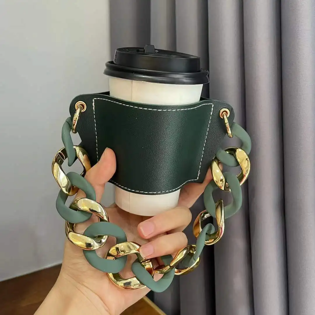 New Color Alternate Acrylic Bracelet Milk Tea Leather Cup Set Portable Hot Water Cup Leather Case Portable Storage Set Keyring