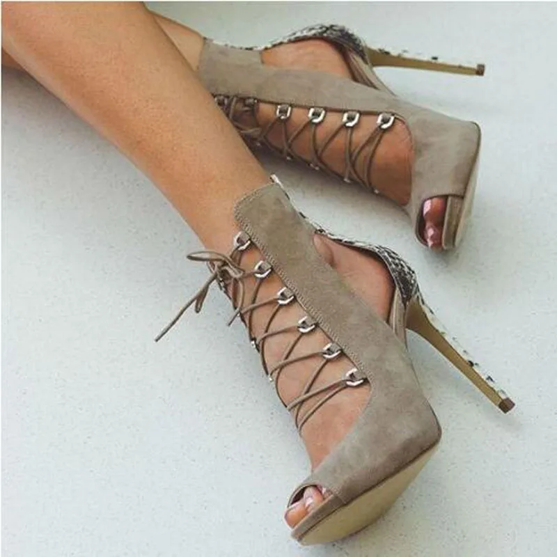 Summer Woman Gray Suede Cross Tied Peep Toe Hollow Snakeskin Python Leather Back Thin Heels Sandals Banquet Pumps Shoes Lady