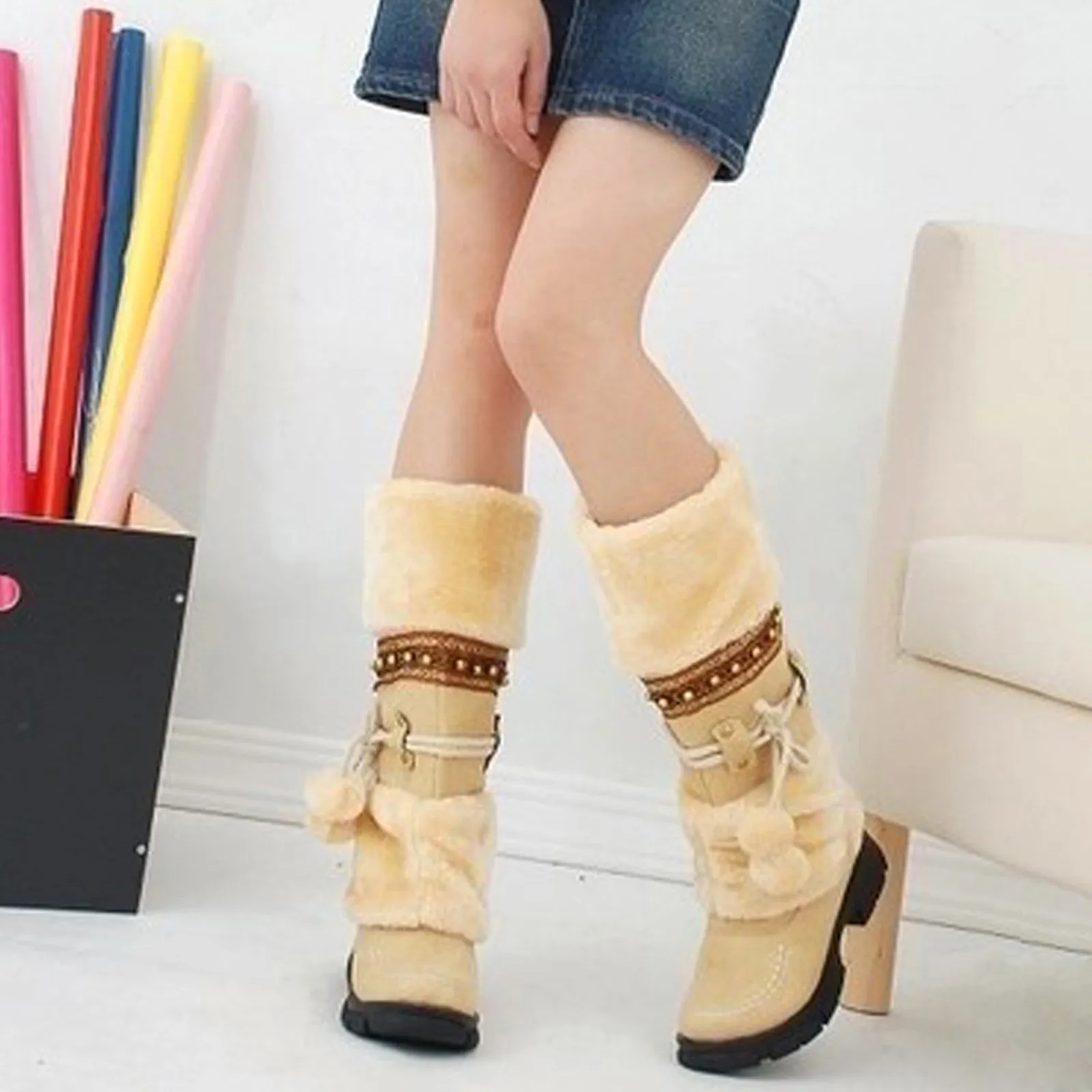 Winter Warm Thickened Fur Knee High Boots Fashion Warm Women Shoes Round Toe Low Heels Patchwork Vintage Botas Ladies Footwear